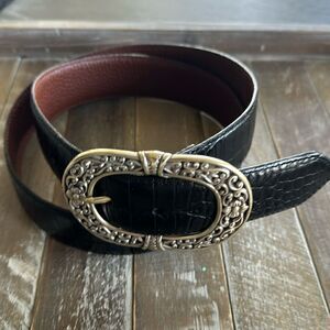 Croc Embossed Black Leather Belt Oval Ornate Silver Tone Buckle Women’s Size XL